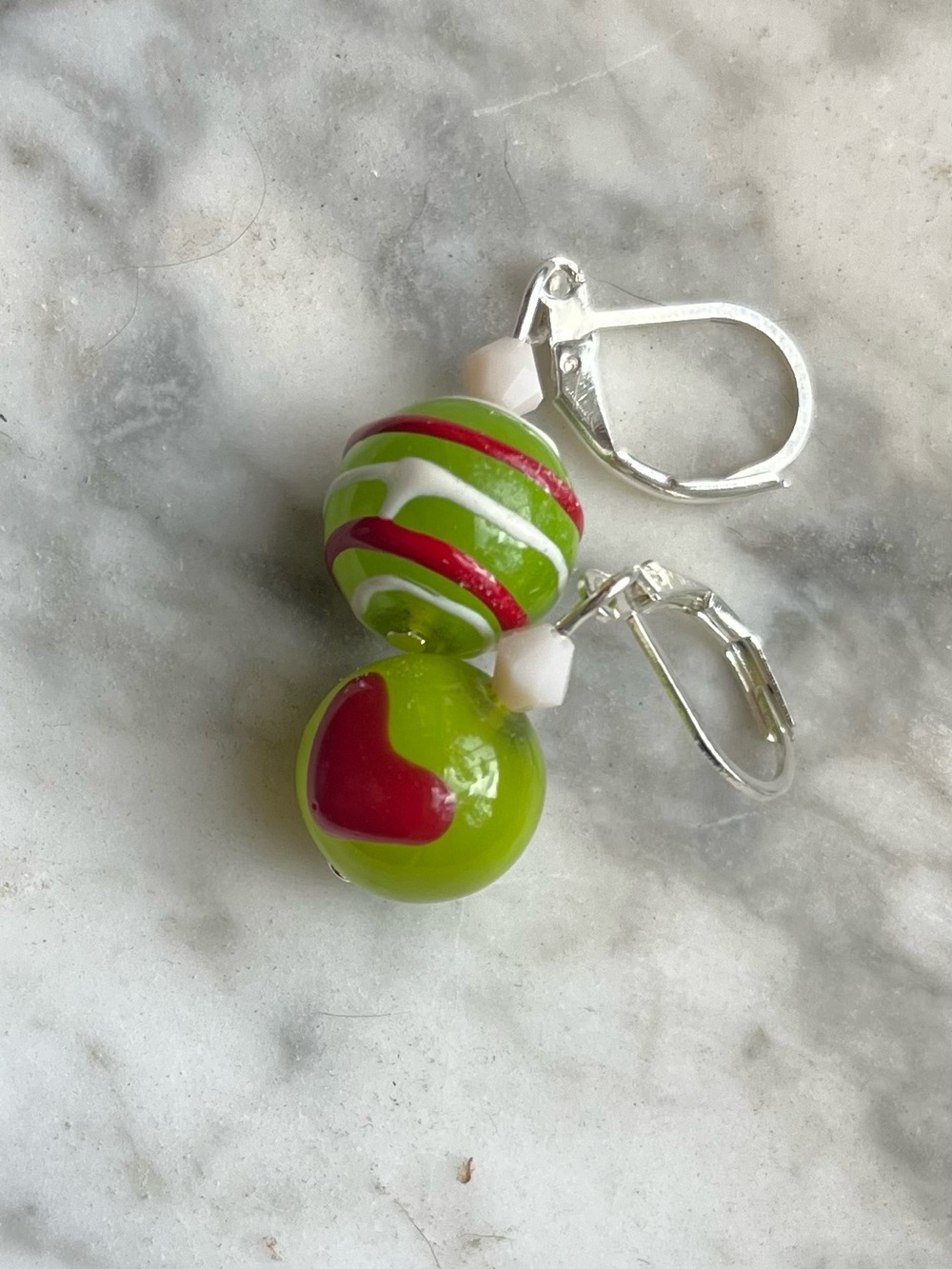 Hand Crafted Lime Green and Red Glass Heart Drop Earrings, mismatched .